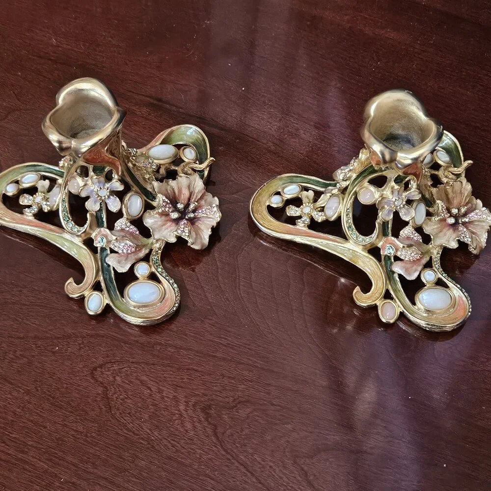 RARE 2 JAY STRONGWATER FLORA & FAUNA BLUSH ENAMEL CRYSTAL TAPER CANDLE HOLDER